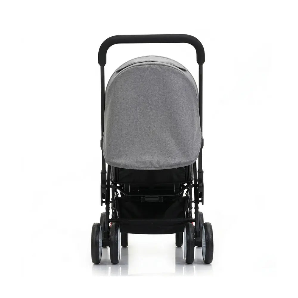 Vue arrière poussette double compacte pour jumeaux avec guidon ergonomique et structure robuste facile à manœuvrer