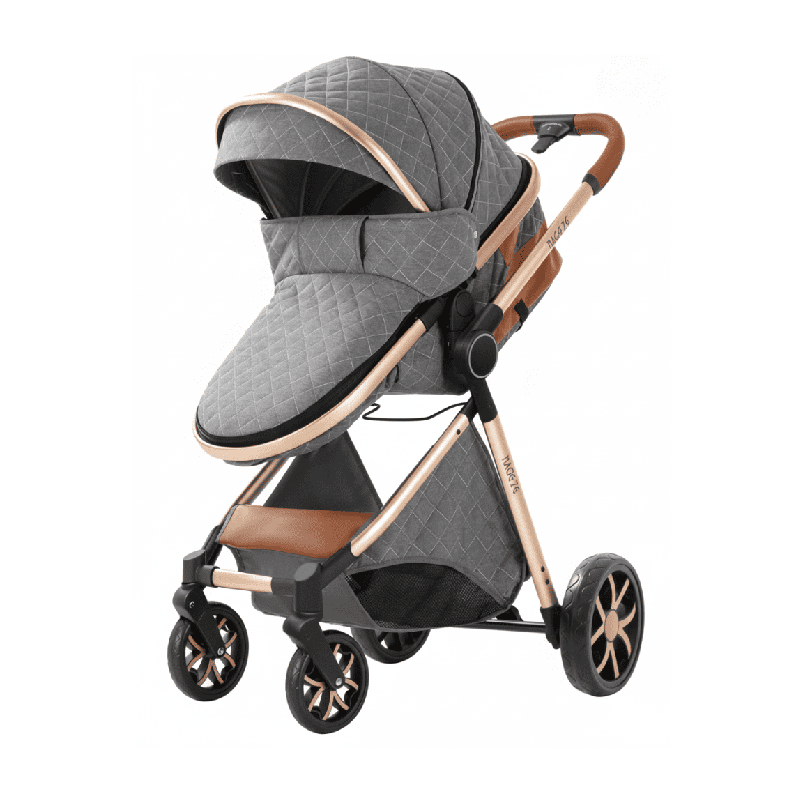 Poussette de multifonctions matelassée gris anthracite et or, dotée d'un grand panier de rangement et d'une ergonomie premium.