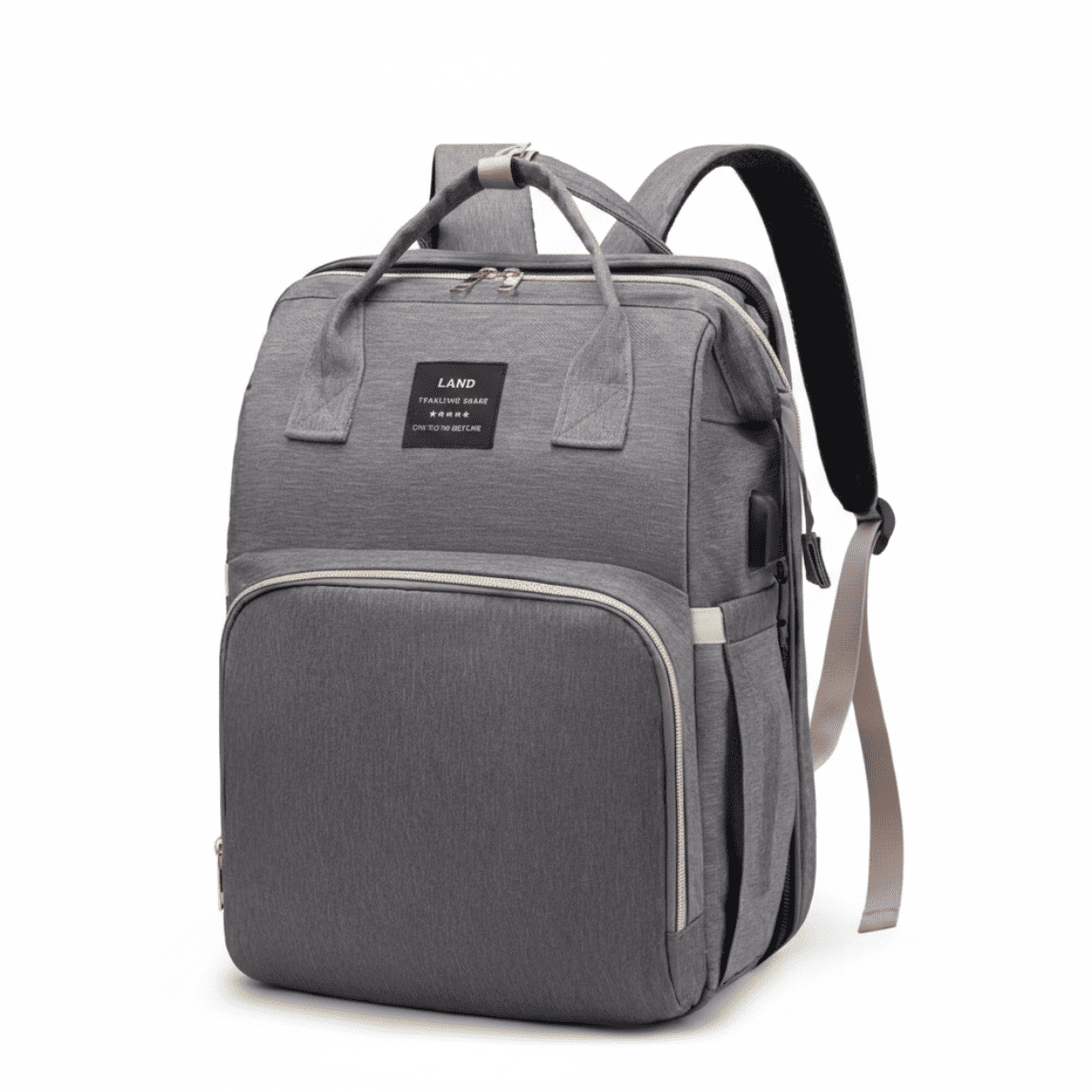 Sac a dos a langer bebe gris design moderne avec grande capacite de rangement multiples compartiments et bretelles confortables