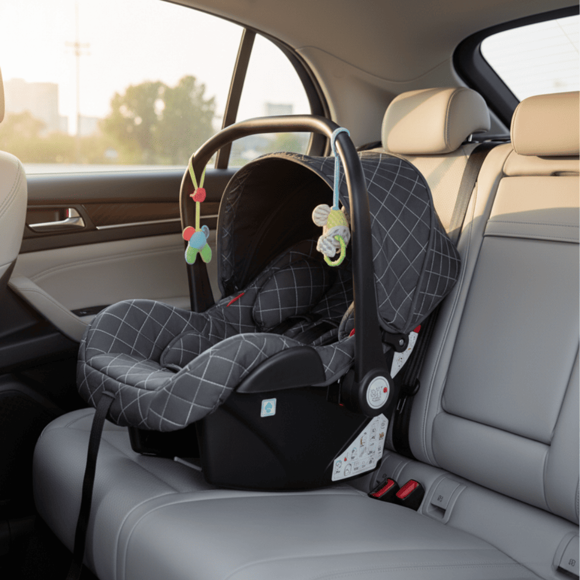 Siège auto bébé coque avec revêtement gris matelassé et jouets d'éveil suspendus, installé sur la banquette arrière en cuir d'une voiture.