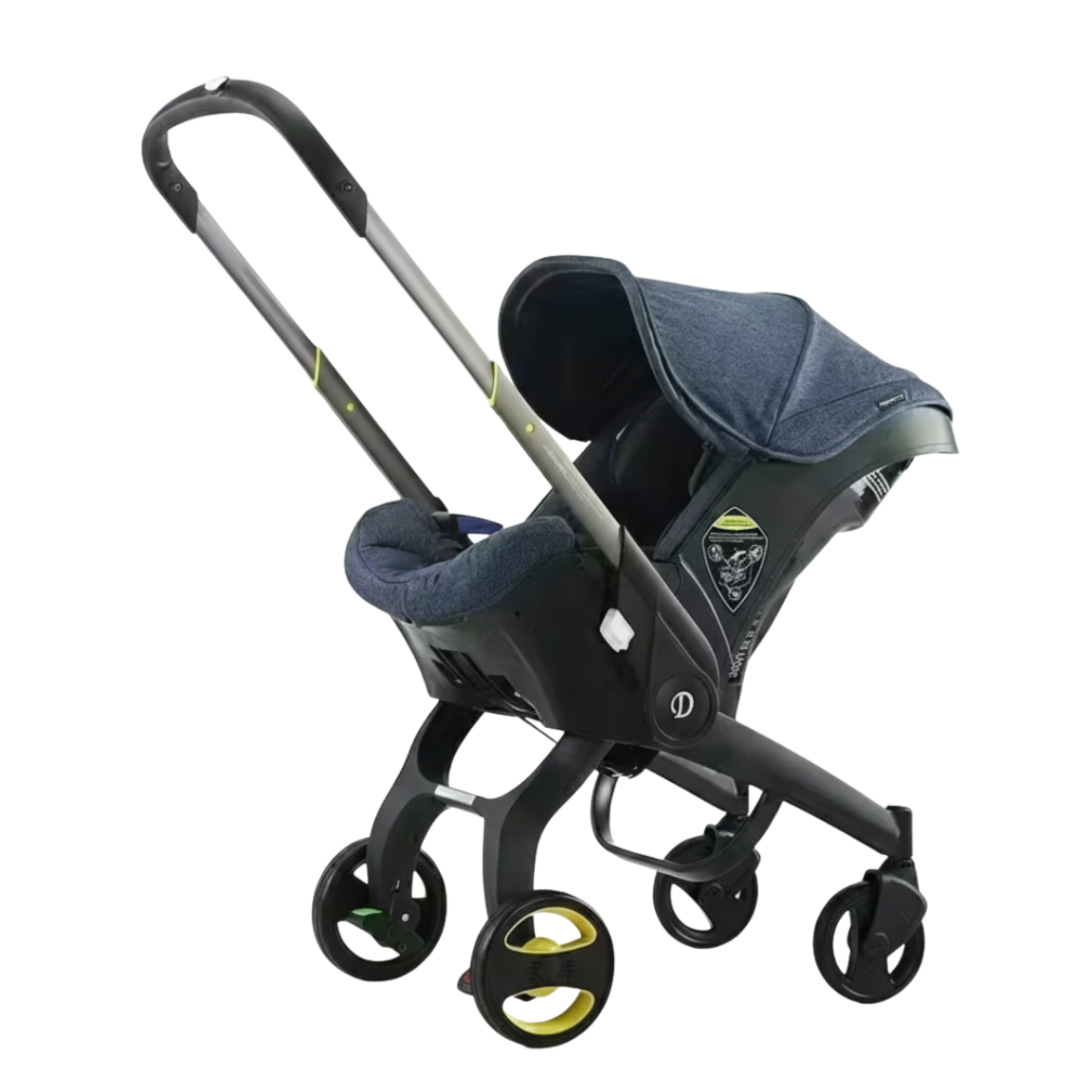 Poussette combinée compacte avec siège auto intégré bleu marine, idéale pour les parents voyageurs. Structure légère noire avec roues design jaunes, offrant une solution de mobilité complète et élégante dès la naissance.