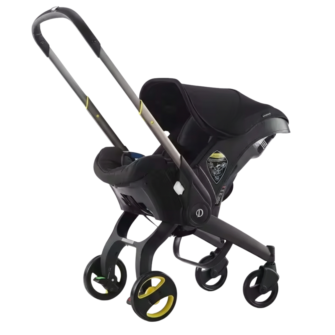 Siège auto pour bébé convertible en poussette, coloris noir avec touches jaunes, solution de mobilité urbaine 4-en-1 compacte et sécurisée.
