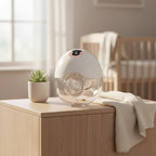 Tire-lait électrique design compact avec écran digital posé sur table de chevet, appareil silencieux pour utilisation nocturne