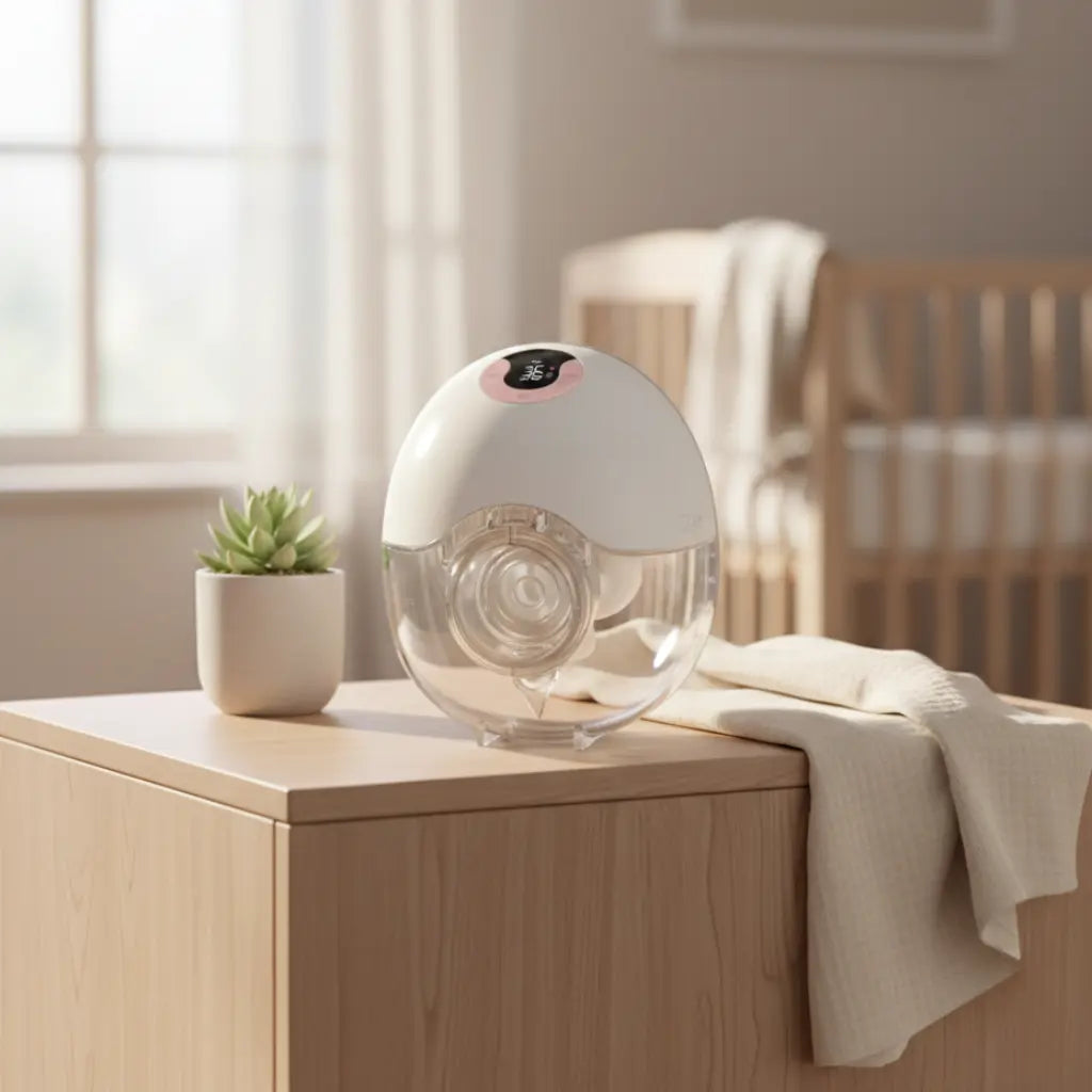 Tire-lait électrique design compact avec écran digital posé sur table de chevet, appareil silencieux pour utilisation nocturne