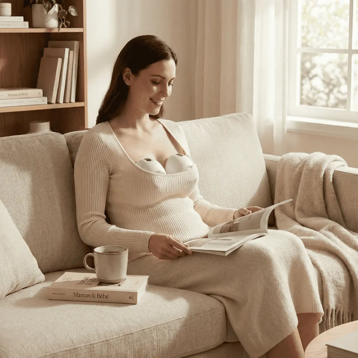 Tire-lait électrique mains libres discret porté sous vêtements, pompage du lait maternel en position détendue sur canapé
