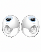 Paire de tire-laits électriques mains libres portables et discrets avec écrans LED et contenants transparents pour une expression de lait maternel facile et mains libres.