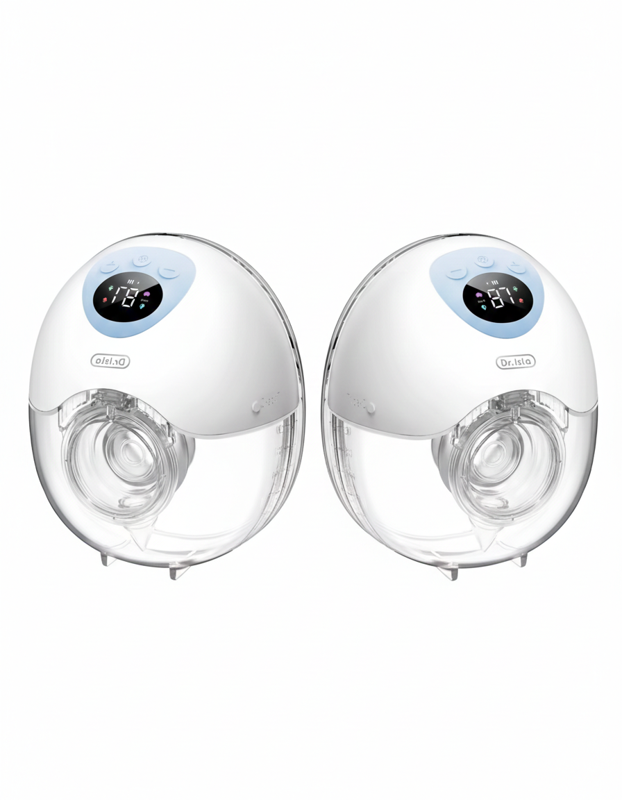 Paire de tire-laits électriques mains libres portables et discrets avec écrans LED et contenants transparents pour une expression de lait maternel facile et mains libres.