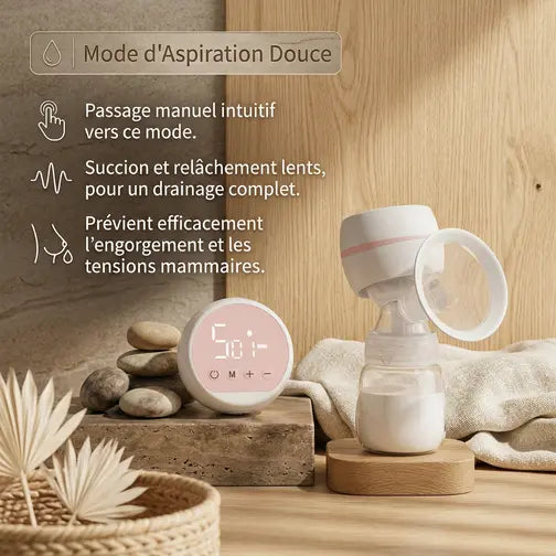 Tire-lait électrique mode aspiration douce avec succion lente et drainage complet, soulage engorgement et tensions mammaires