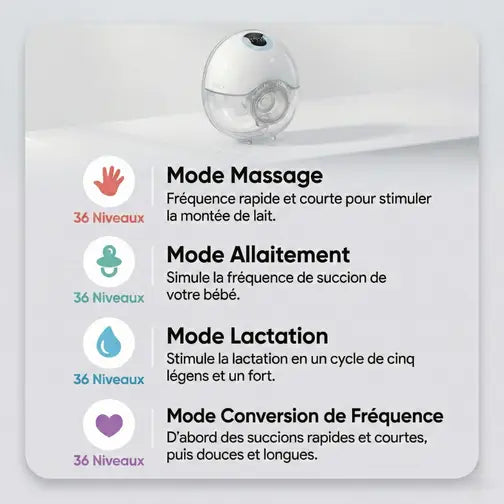 Tire-lait électrique multifonction avec modes massage, allaitement et lactation, 36 niveaux d’intensité pour un pompage personnalisé