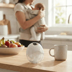 Tire-lait électrique portable compact posé en cuisine, appareil discret et rechargeable pour tirage du lait maternel quotidien